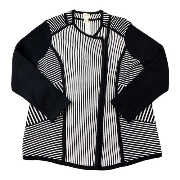 Chico's Natania Black/White Stripe asymmetrical Zip Up Cardigan Sweater size 12 - Picture 13 of 15